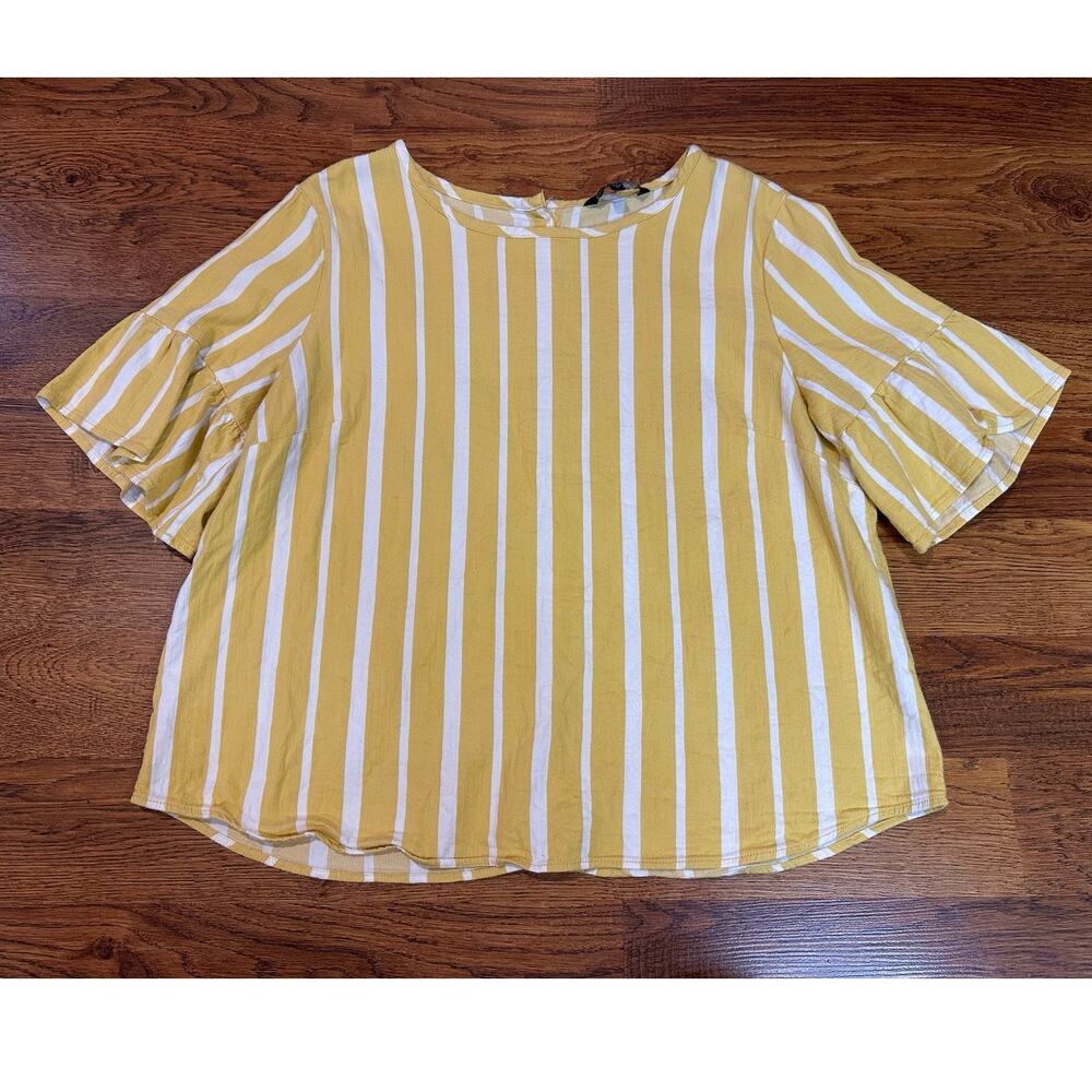 Velvet Heart Striped Flutter Sleeve Top Women’s Large Yellow White Casual Blouse